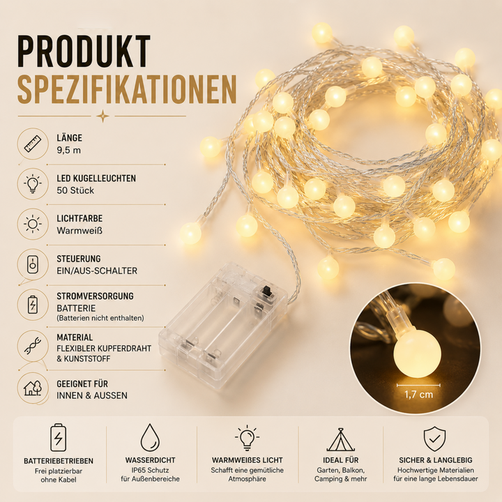 Solar LED Lichterkette für den Garten. Wasserdichte 9.5m Außenbeleuchtung schafft gemütliche Atmosphäre.
