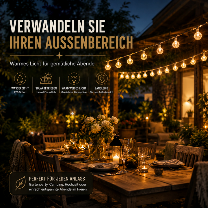 Lange 9.5m Solarlichterkette mit 50 LEDs. Ideal als energieeffiziente Garten- und Balkonbeleuchtung.
