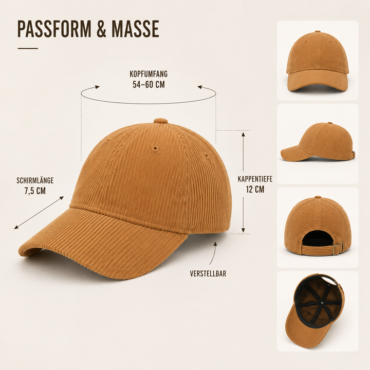 Gebogene Schirm Baseball Cap aus Kord-Polyester. Unisex Kopfbedeckung, verstellbar, perfekt für Freizeitlooks.