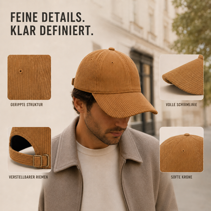 Modische Unisex Kord-Cap mit gebogenem Schirm. Bequeme, verstellbare Polyester-Kappe für Alltag & Streetstyle.