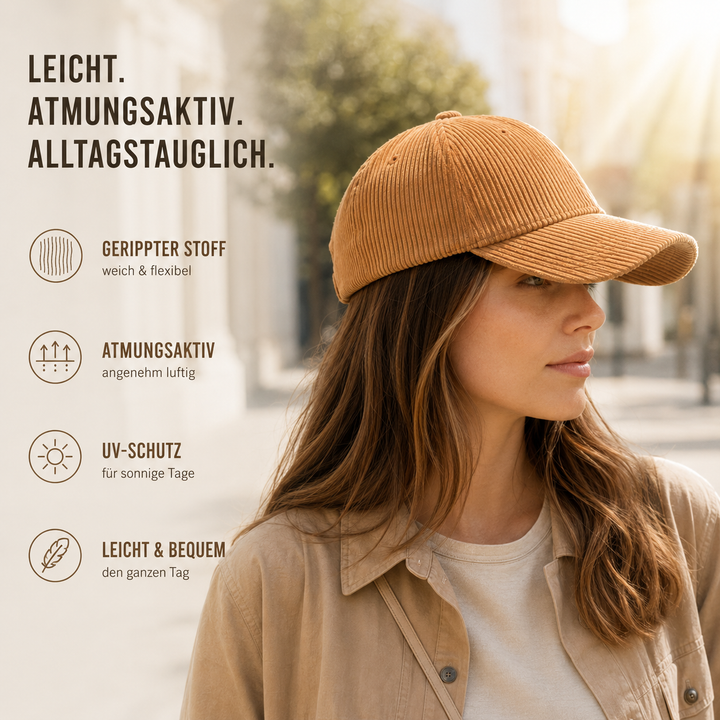 Baseball Cap mit Kord-Textur & gebogenem Schirm. Unisex, verstellbar. Ideal für Streetstyle & Freizeit-Outfits.