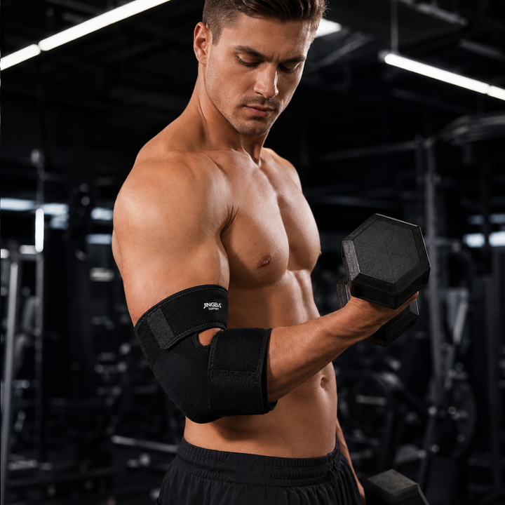 Ergonomisch geformte schwarze Ellbogen-Kompressionsbandage mit robusten, verstellbaren Gurten.