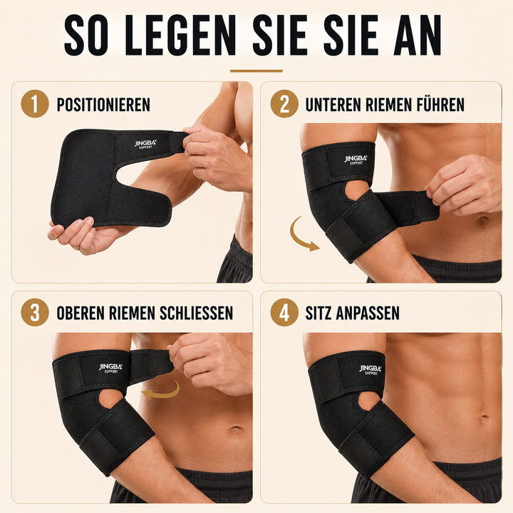 Unterstützende Ellbogenbandage zur Rehabilitation nach Verletzungen, fördert Heilung & Beweglichkeit.