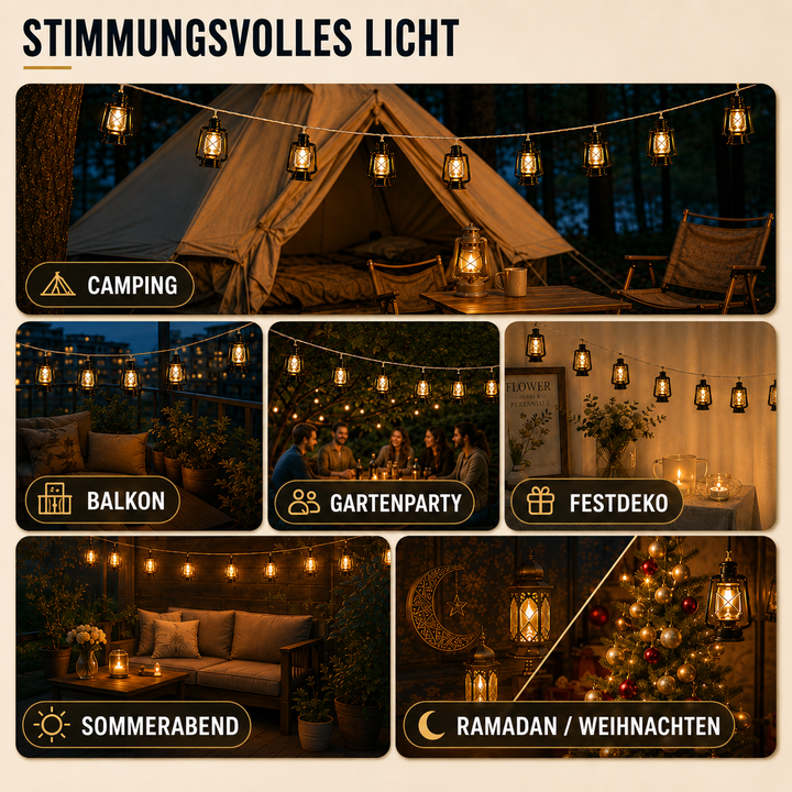 Nahaufnahme einer Retro Lichterkette, warmweiß, perfekt für stimmungsvolle Dekolichter im Außenbereich.