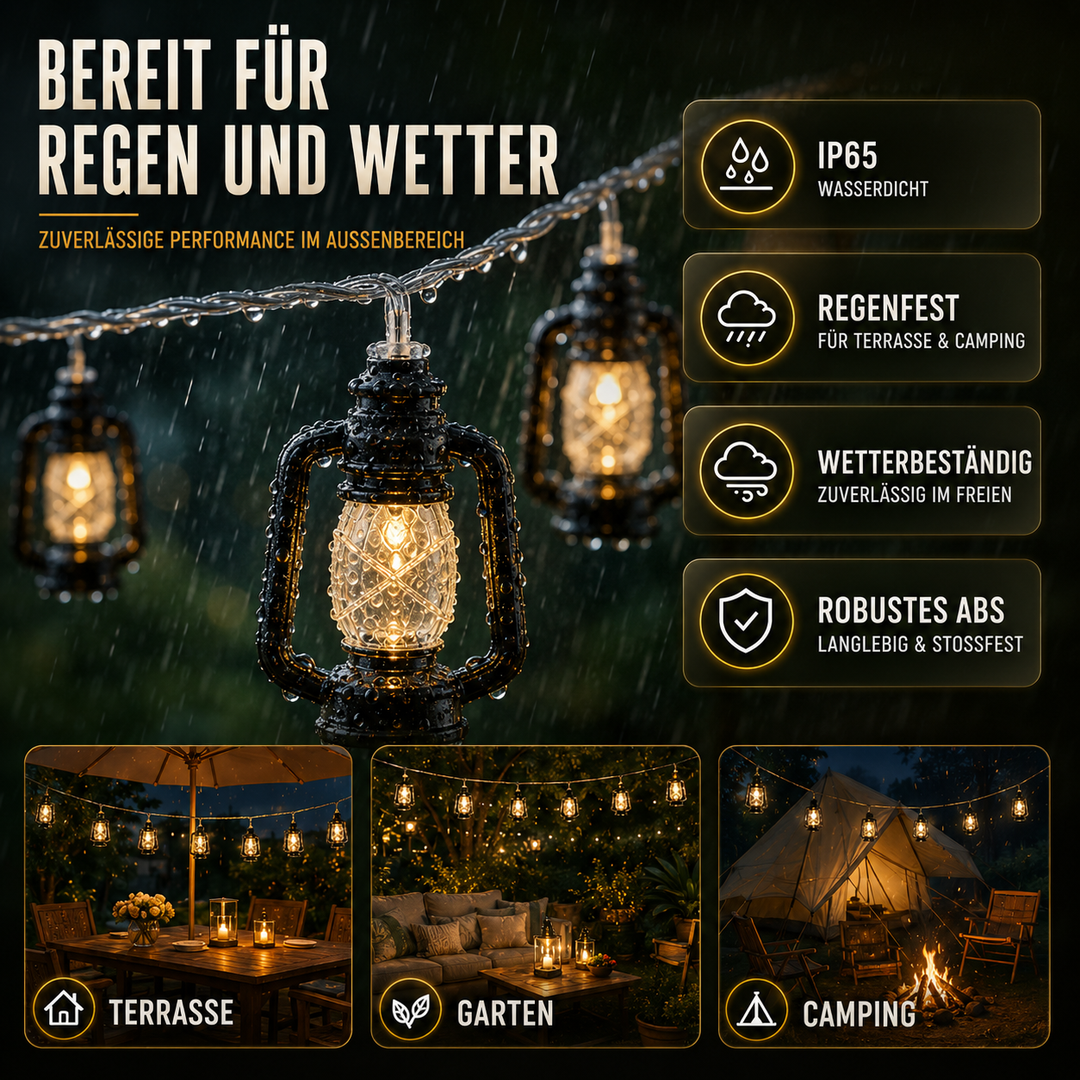 EmberGlow Outdoor-Lichterkette im Retrodesign, warmweißes Licht schafft eine festliche Party-Atmosphäre.