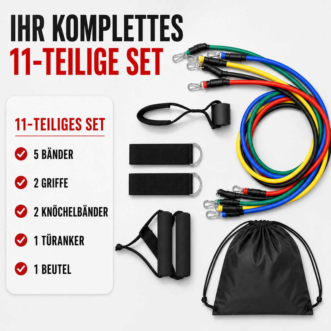 Das komplette Widerstandsband-Set mit Griffen, Anker und Tasche für Ganzkörpertraining & Muskelaufbau zu Hause.