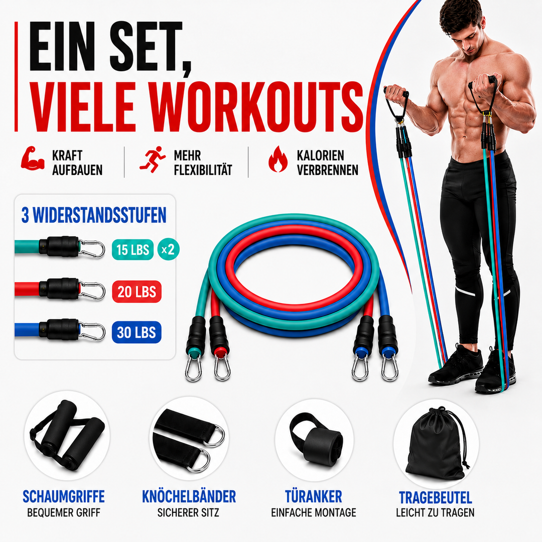 Übungsbänder für Ganzkörpertraining: Stärkung von Armen, Beinen, Rücken; ideal für Sport & Muskelaufbau.
