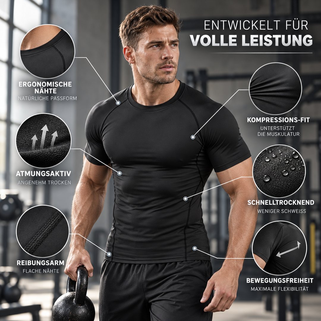 Sportliches Herren Kompressions-Kurzarmshirt mit Muskelunterstützung. Ideal für alle Sportarten.
