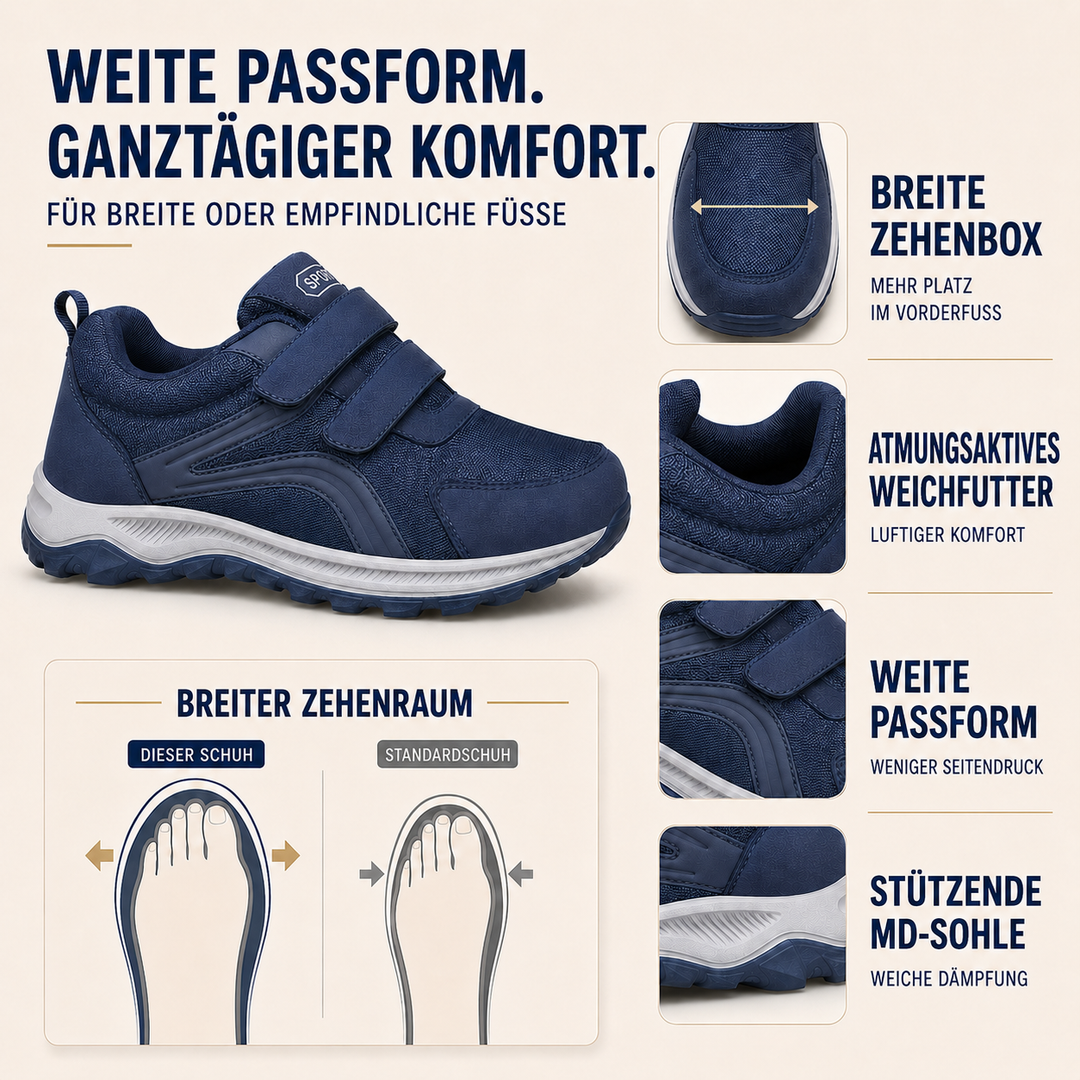 Bequemer Herren-Gehschuh, orthopädisch, atmungsaktiv, mit praktischem Klettverschluss für weite Füße.