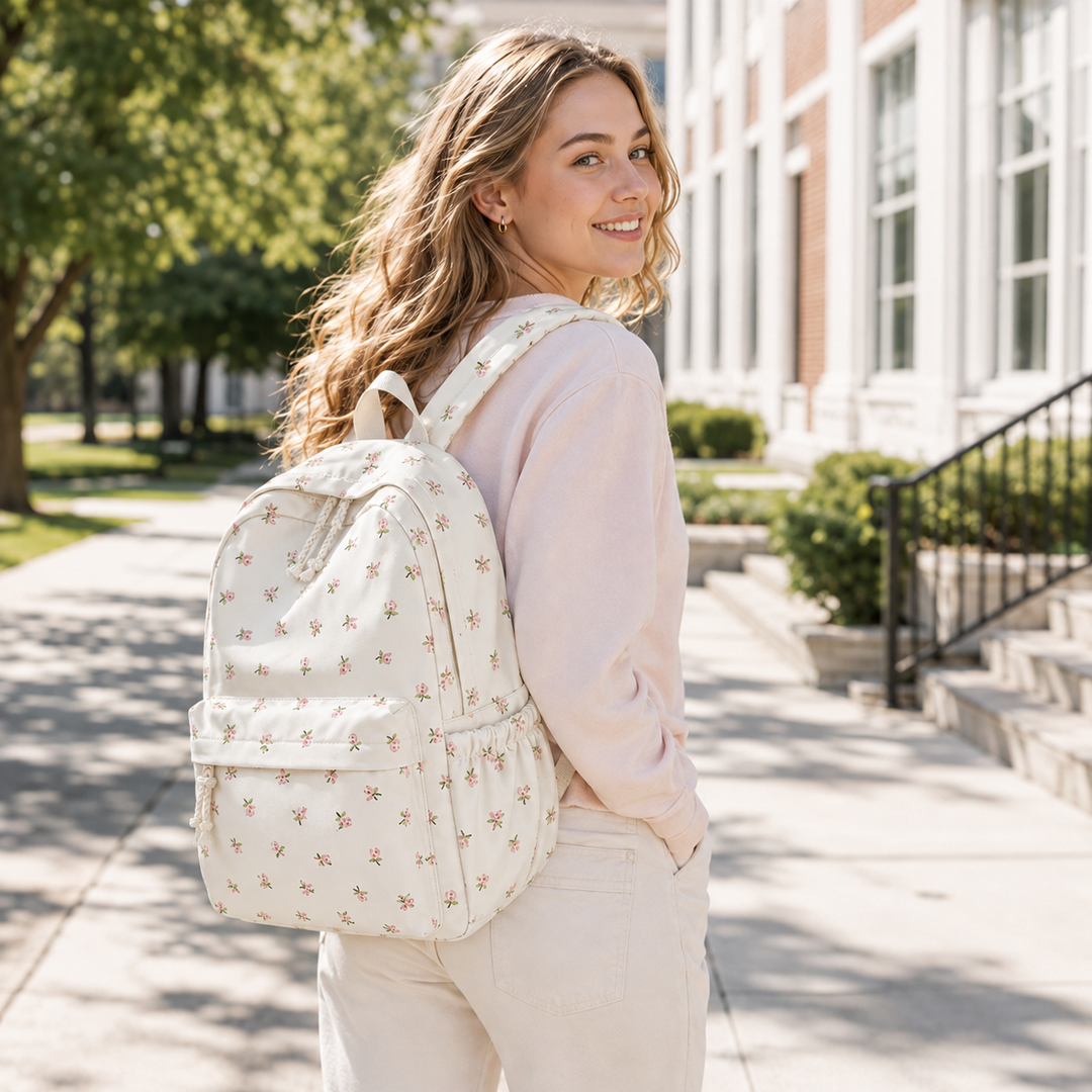 Vielseitiger Damen-Schulrucksack mit Blumenmuster. Leicht & organisiert, passend für Uni, Schule & Freizeit.