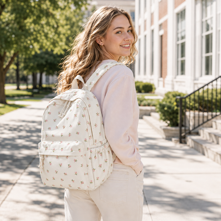Vielseitiger Damen-Schulrucksack mit Blumenmuster. Leicht & organisiert, passend für Uni, Schule & Freizeit.