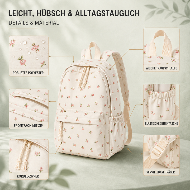 Seitliche Ansicht des rosa-weißen Damenrucksacks mit Blumenmuster. Leichter Polyester-Schulranzen für die Schule.