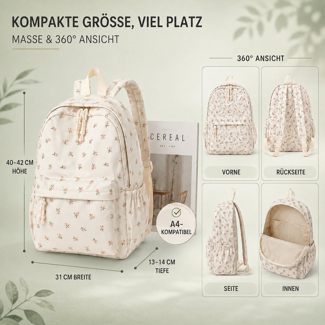 Leichter Polyester-Schulrucksack für Damen, gut organisiert. Rosa-weißes Blumenmuster, ideal für Uni & Alltag.