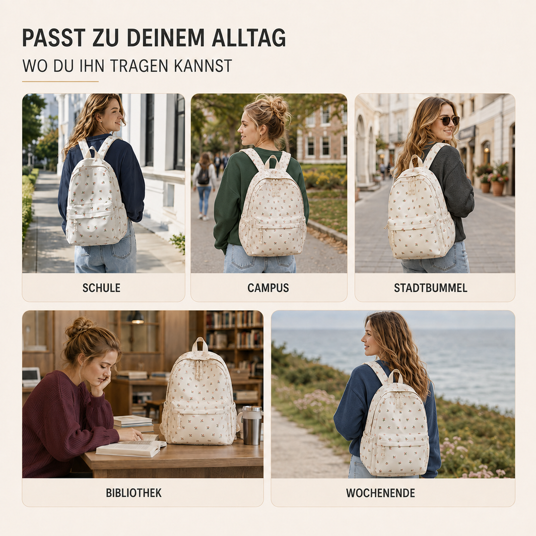 Organisiertes Innenfach des leichten Damen-Schulrucksacks mit Blumenmuster. Viel Platz für Uni, Schule & Freizeit.