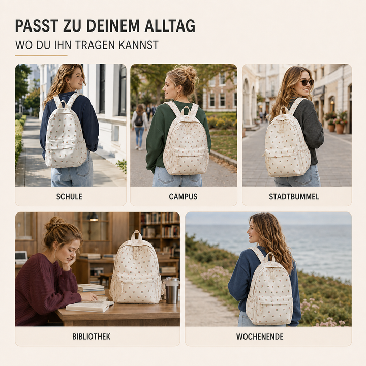 Organisiertes Innenfach des leichten Damen-Schulrucksacks mit Blumenmuster. Viel Platz für Uni, Schule & Freizeit.