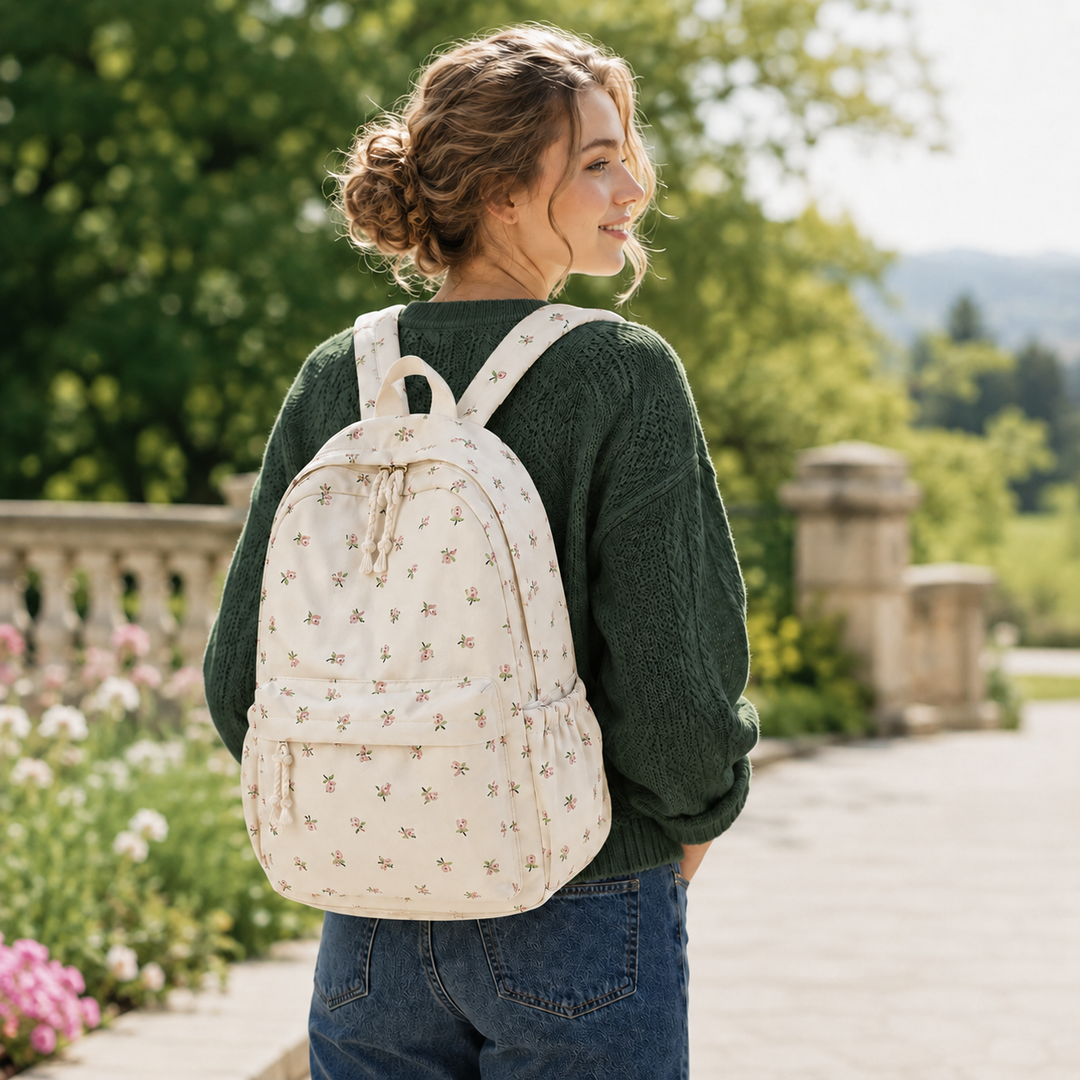 Weißer Damenrucksack mit rosa Blumenmuster, leichter Schulranzen aus Polyester. Ideal für Mädchen & Frauen.