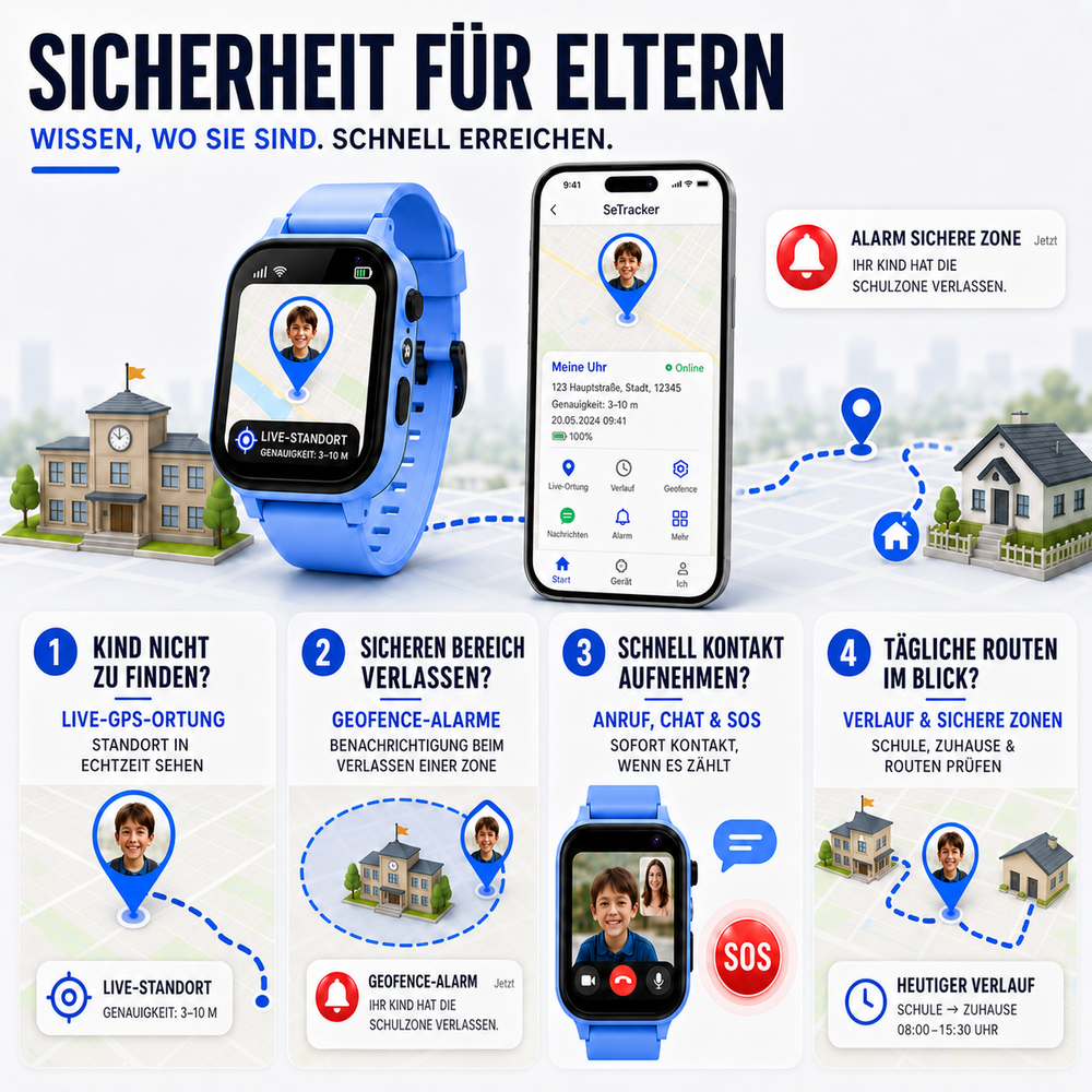 Sichere Kinder GPS Smartwatch mit Videoanruf, SOS-Taste und Echtzeit-Ortung für Eltern.