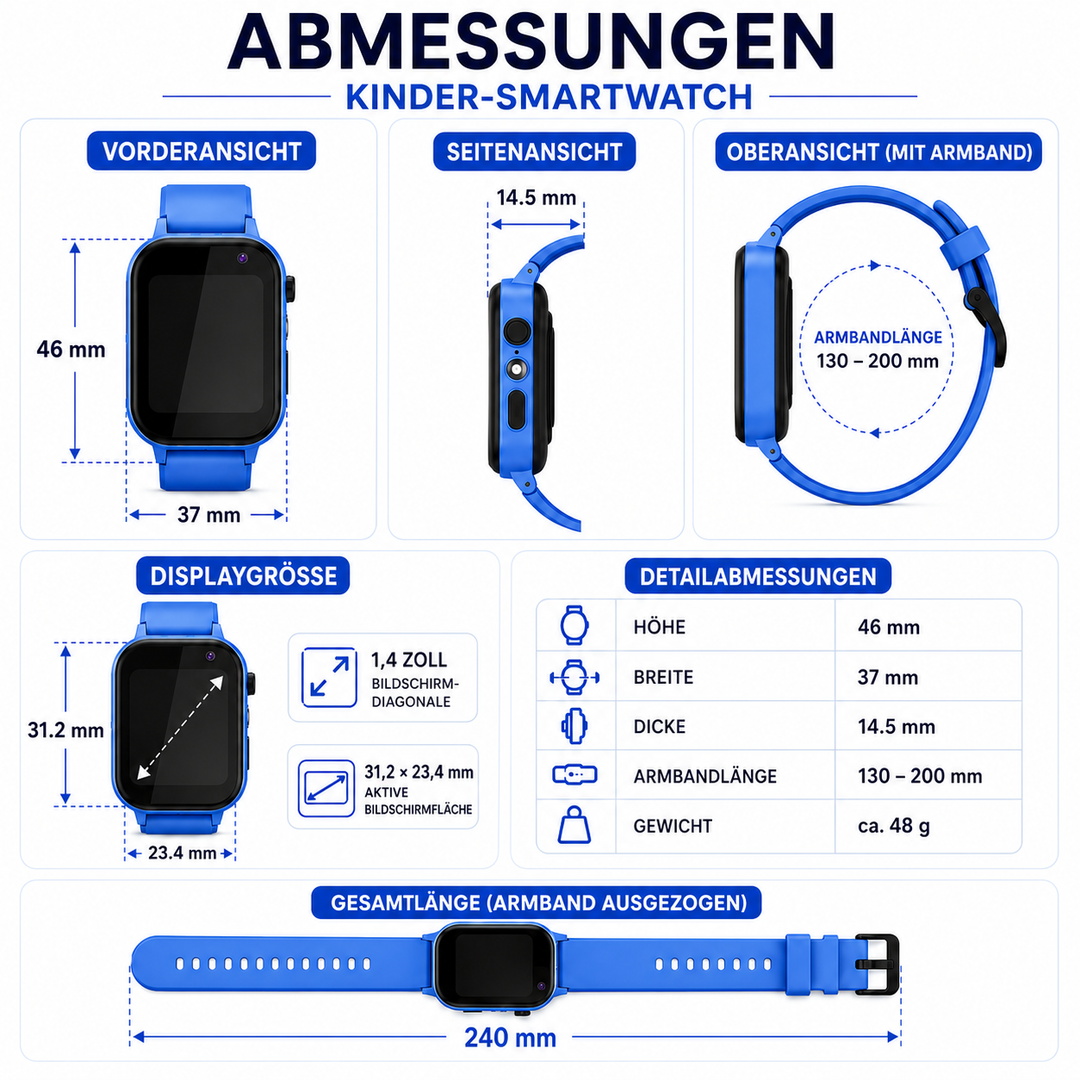Robuste Kinder Smartwatch mit GPS, Videoanruf, SOS & komfortablem Silikonarmband.