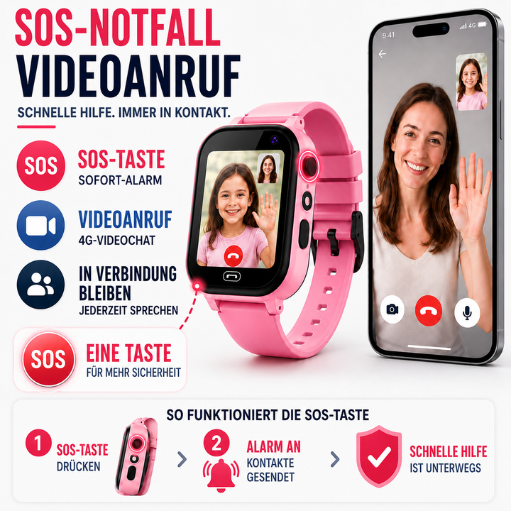 Kinder Smartwatch mit GPS-Ortung, Videoanruf, SOS & langlebigem Silikonarmband.
