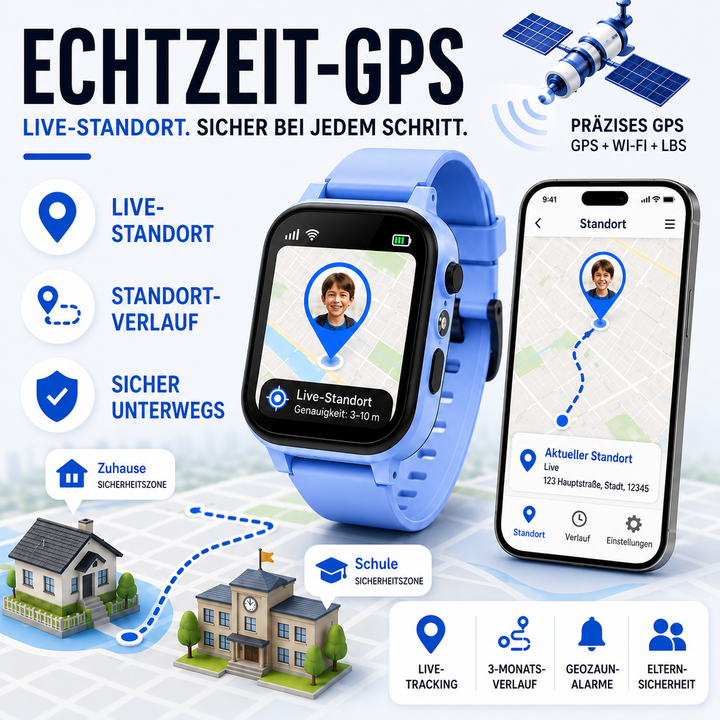 Spritzwassergeschützte Kinder Smartwatch mit GPS, Videoanruf & weichem Silikonarmband.