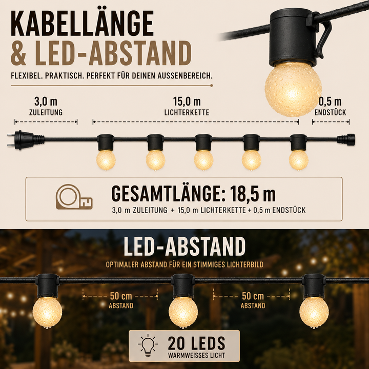 Elegante Gartenbeleuchtung: Wetterfeste LED-Lichterkette, perfekt für entspannte Abende draußen.