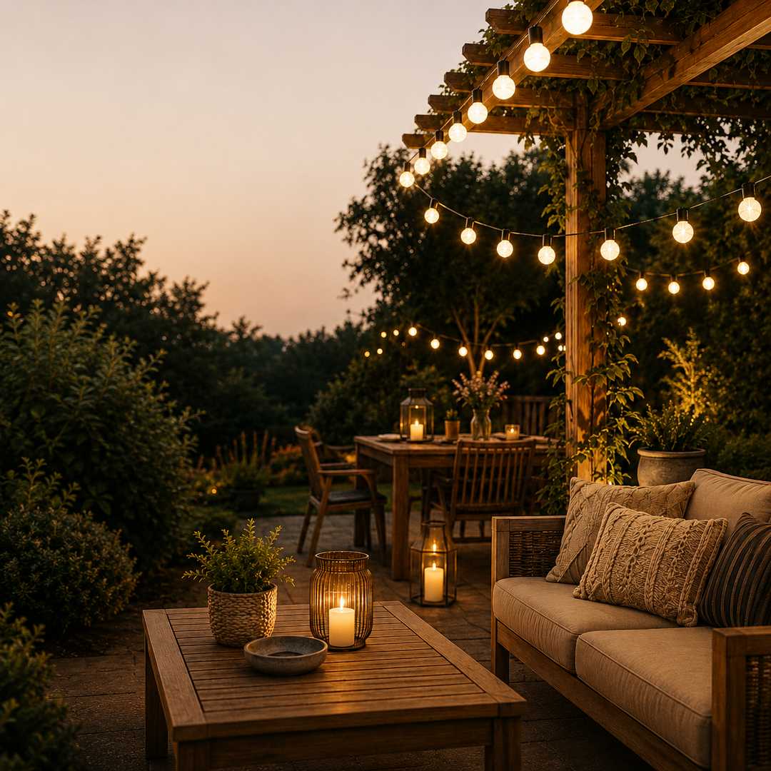 Wetterfeste Lichterkette mit warmweißen LEDs, ideal für Terrassenlicht & Outdoor-Dekoration.