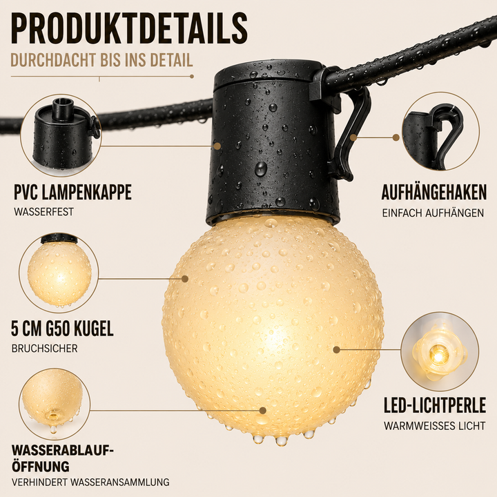 Robuste Outdoor-Lichterkette für Partys & Abende im Freien, ideal als Gartenbeleuchtung.
