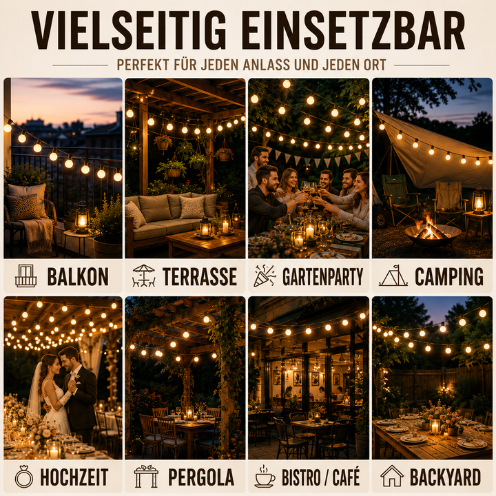 Lange Lichterkette für den Außenbereich, schafft warme Atmosphäre in Garten & auf dem Balkon.