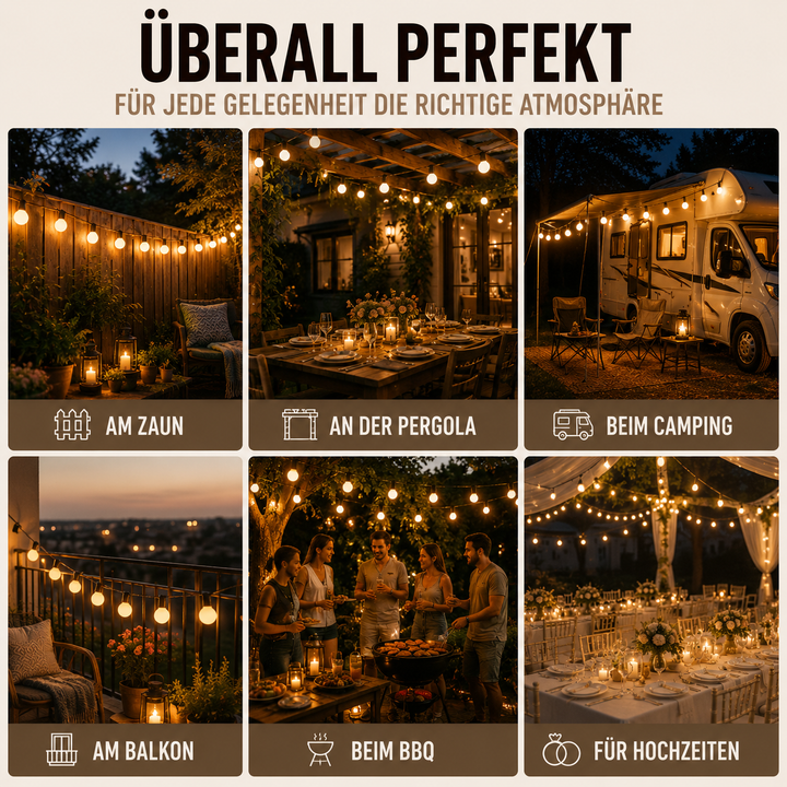 Dekorative Solarlichterkette, wetterfest & energieeffizient, für stimmungsvolles Terrassenlicht.