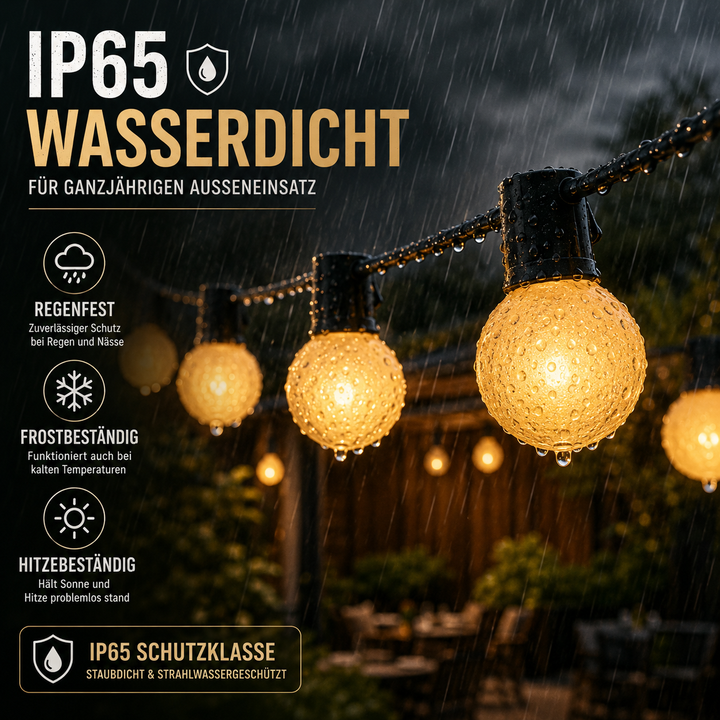 Lichterkette außen: LED, wetterfest, ideal für Gartenpartys & gemütliche Terrassenabende.