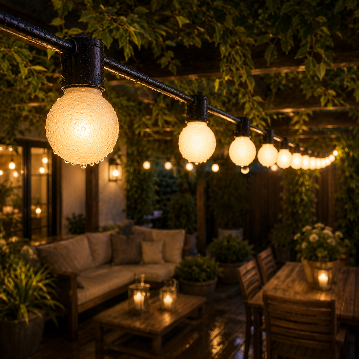 Wetterfeste LED-Lichterkette für Garten & Terrasse, schafft gemütliche Outdoor-Atmosphäre.