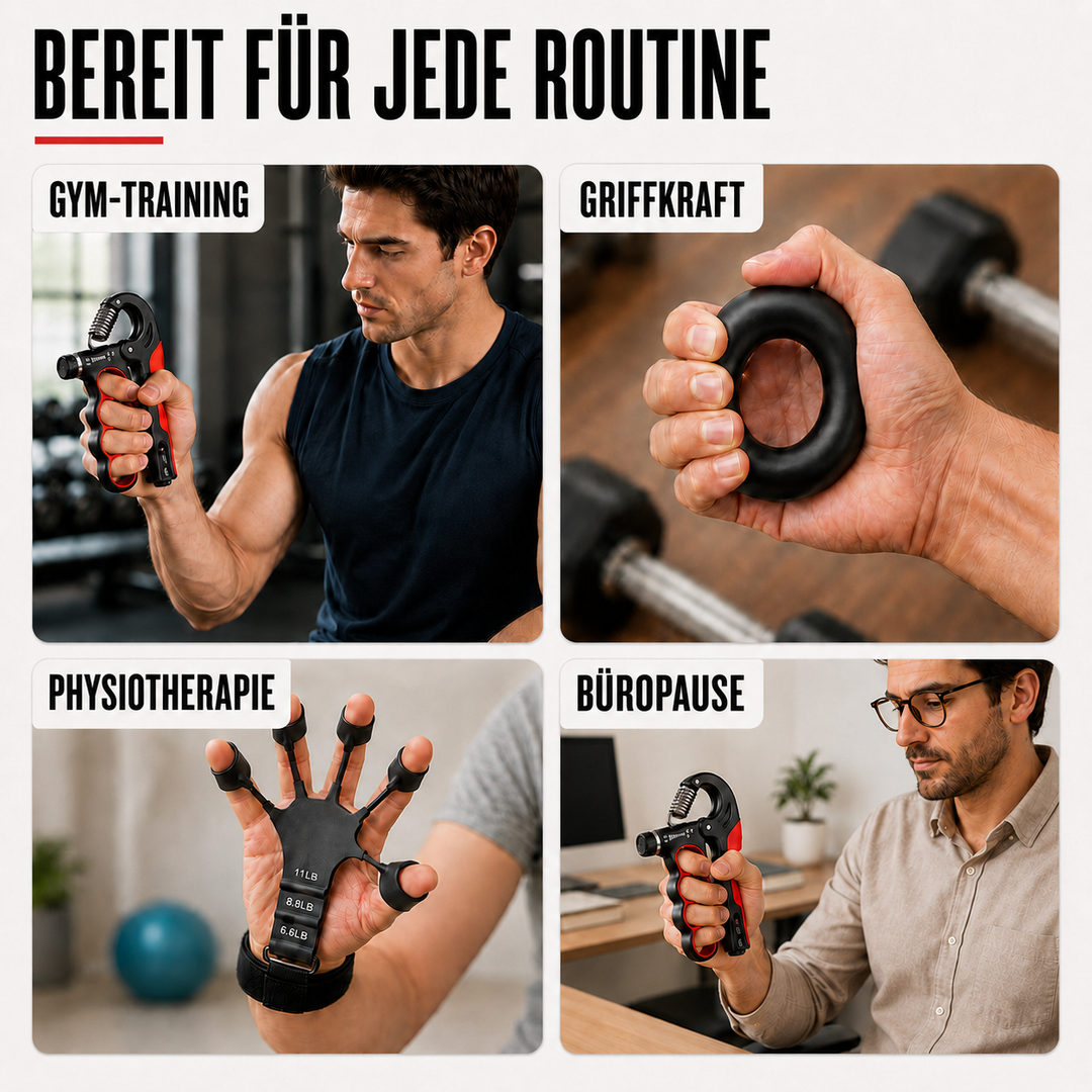 Person trainiert Greifkraft & Unterarmmuskulatur mit verstellbarem Handtrainer. Optimal für Fitness & Reha.