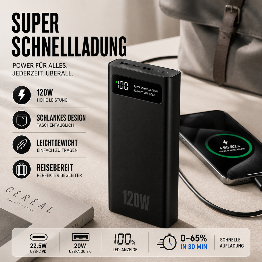 Leistungsstarke 20.000 mAh Powerbank mit Digitalanzeige und USB-C für schnelles Laden.