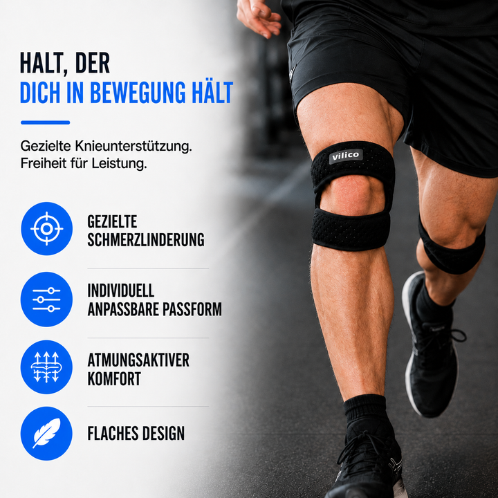 Sportler trägt verstellbares Patellaband beim Laufen, Knieschutz & Schmerzlinderung für Kniegelenke.
