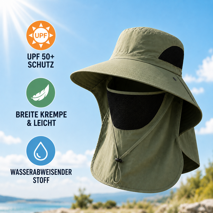 Atmungsaktiver Kynetos Wanderhut mit breitem Rand & Gesichtsschutz, Unisex-Modell.