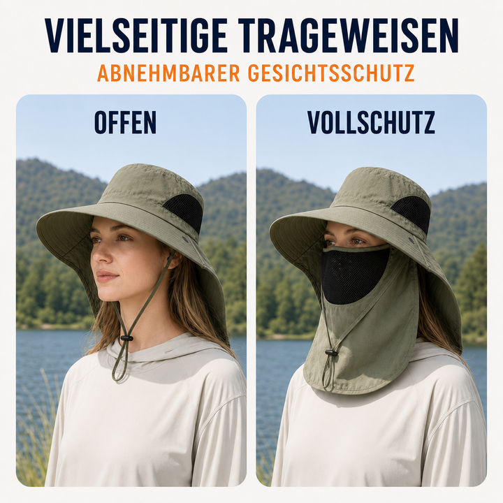 Kynetos Wanderhut mit verstellbarem Kinnriemen & breiter Krempe für Windschutz.