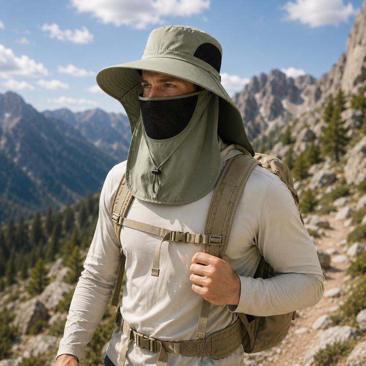 Robuster Kynetos Outdoorhut mit breitem Rand, UV-Schutz & Belüftung für heiße Tage.