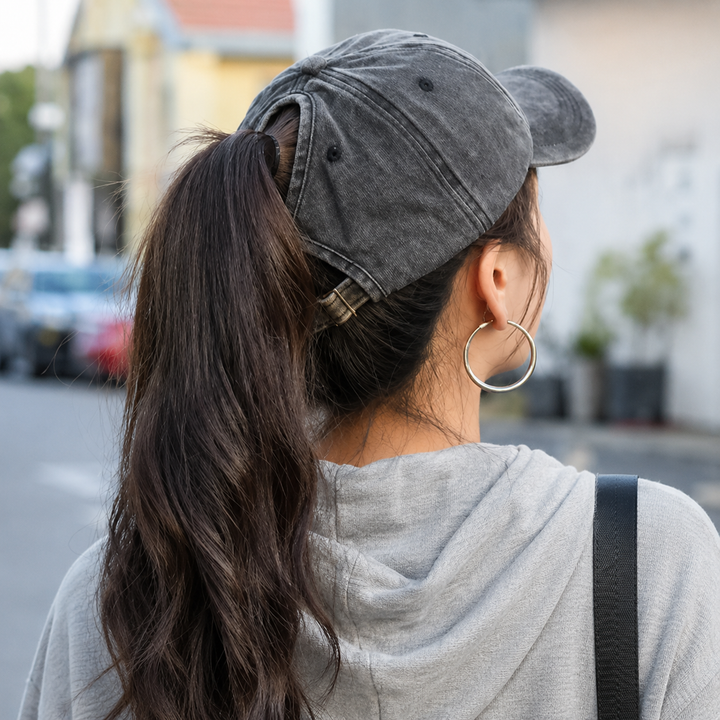 Pferdeschwanz-Baseballkappe für Damen, Retro-Stil, Washed-Look, mit Herzmotiv.