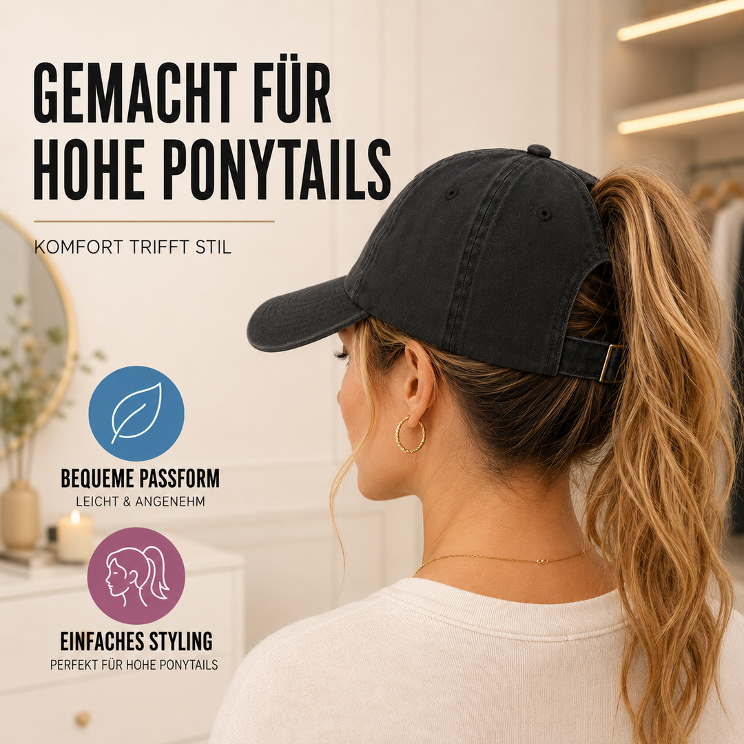 Verstellbare Damen Pferdeschwanz-Baseballkappe, Vintage-Stil, Washed-Look.