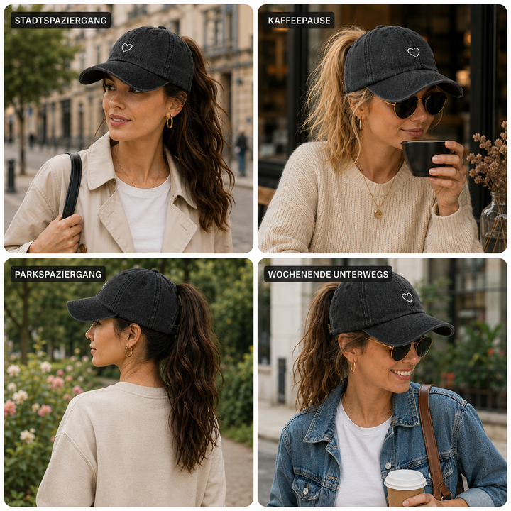 Baumwoll-Pferdeschwanz-Kappe für Damen, Washed-Look, verstellbar, im Retro-Stil.