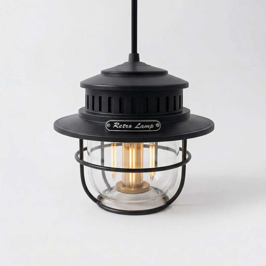 Tragbare LED-Laterne im Vintage-Look, USB-C wiederaufladbar, dimmbar für Camping & stimmungsvolle Abende.