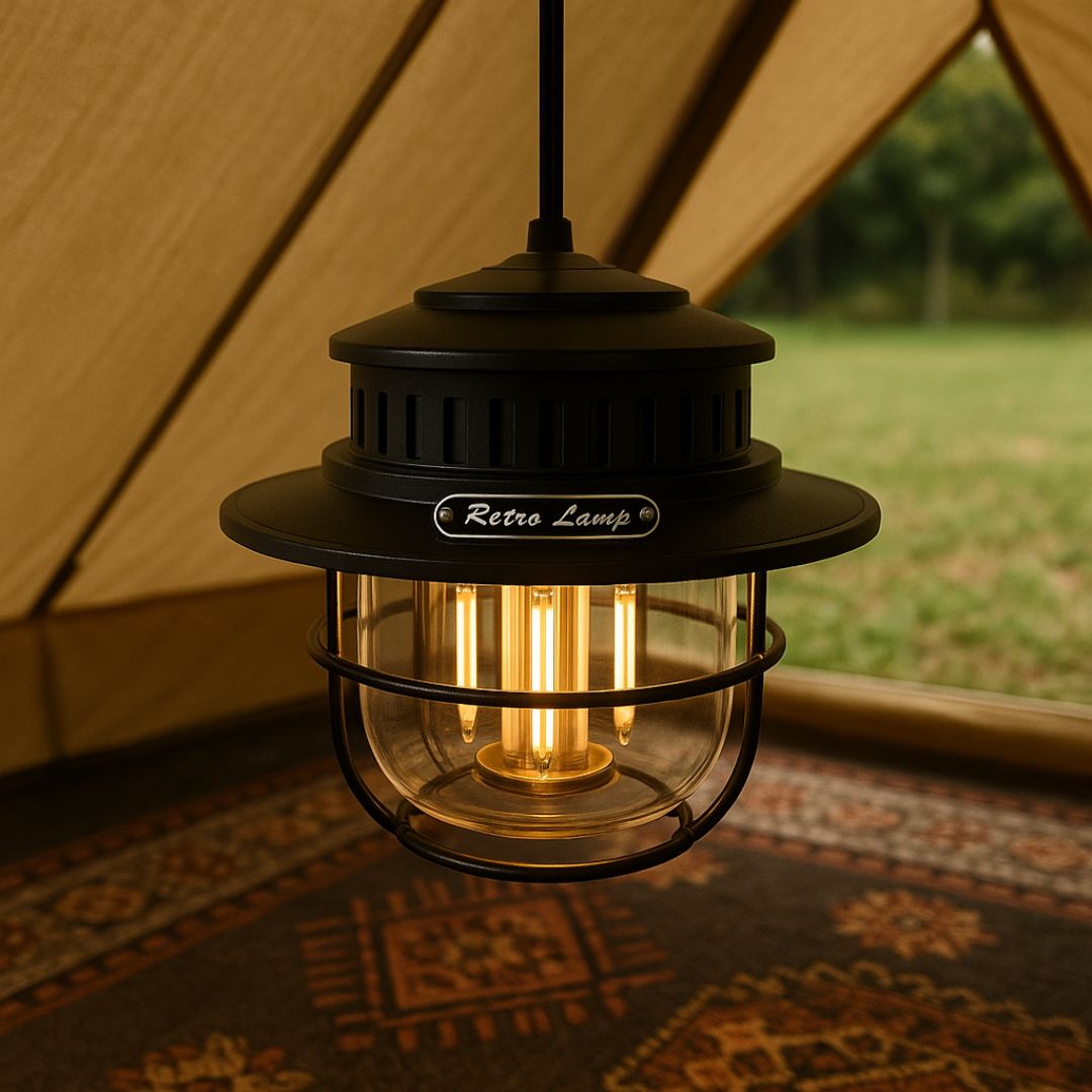 Dimmbare LED-Campinglaterne im Retrodesign, wiederaufladbar, perfekt für Outdoor-Abenteuer & gemütliches Zeltlicht.