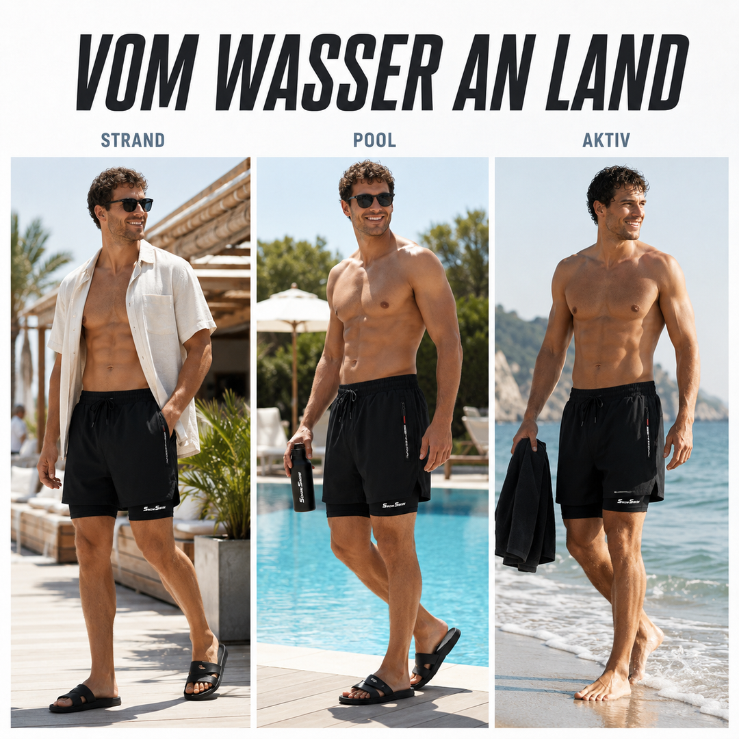 Robuste Herren Badeshorts blau, schnelltrocknend, optimal für Sport & Wasseraktivitäten.