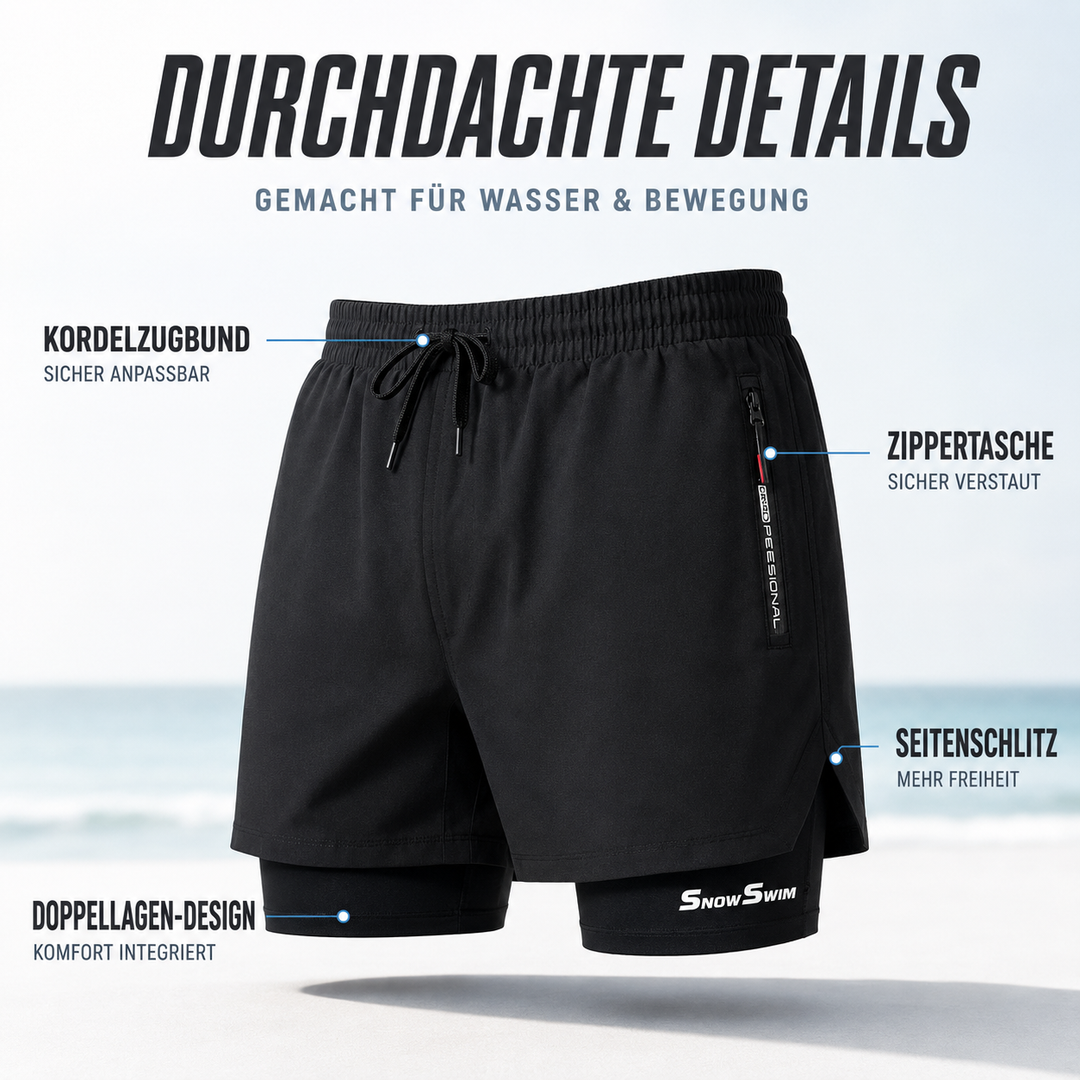 Sportliche Herren Badeshorts schwarz, Doppellage, ideal für Pool & Wasseraktivitäten im Sommer.