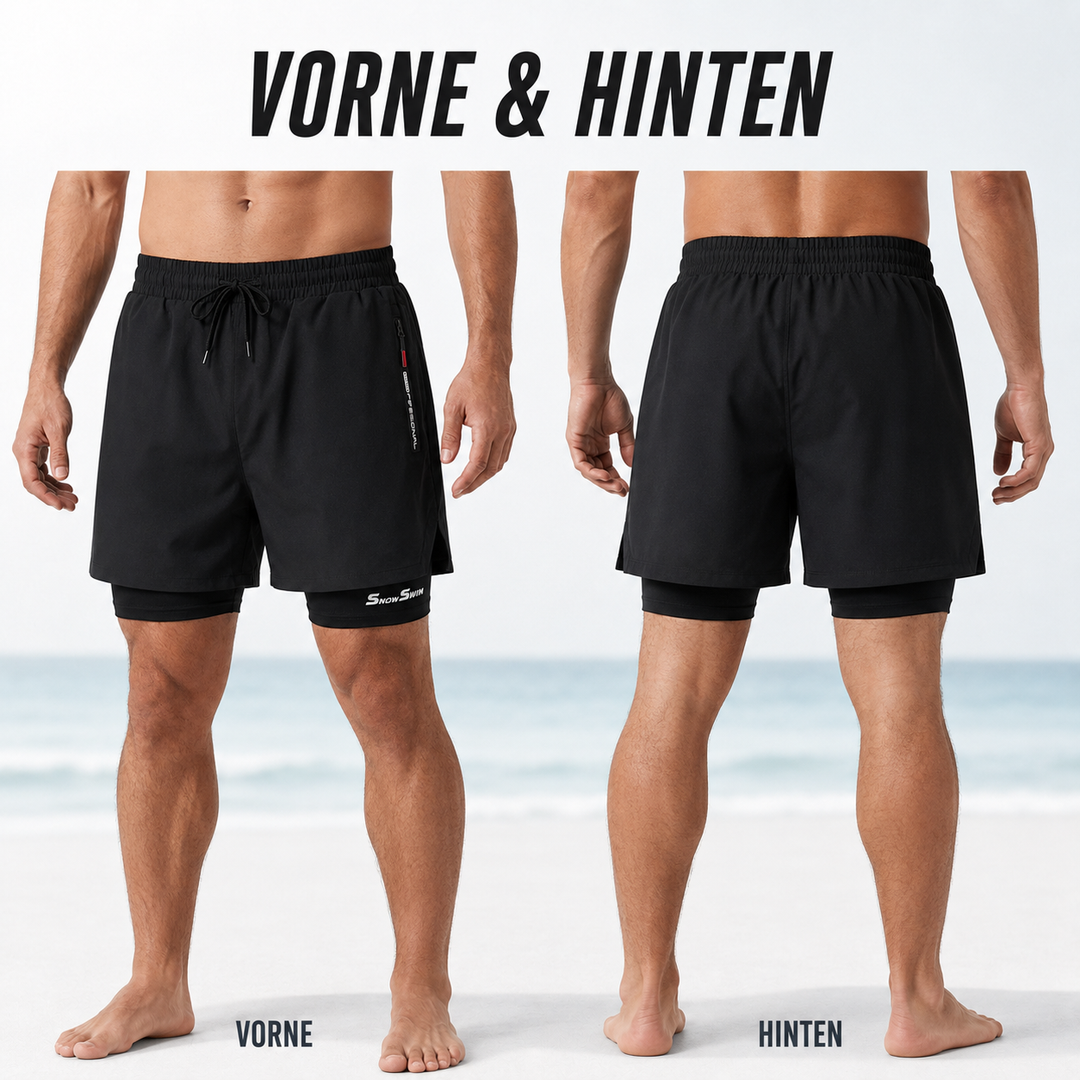 Stylische Herren Badeshorts schwarz mit sicherer Doppellage für Strand, Pool & Freizeit.