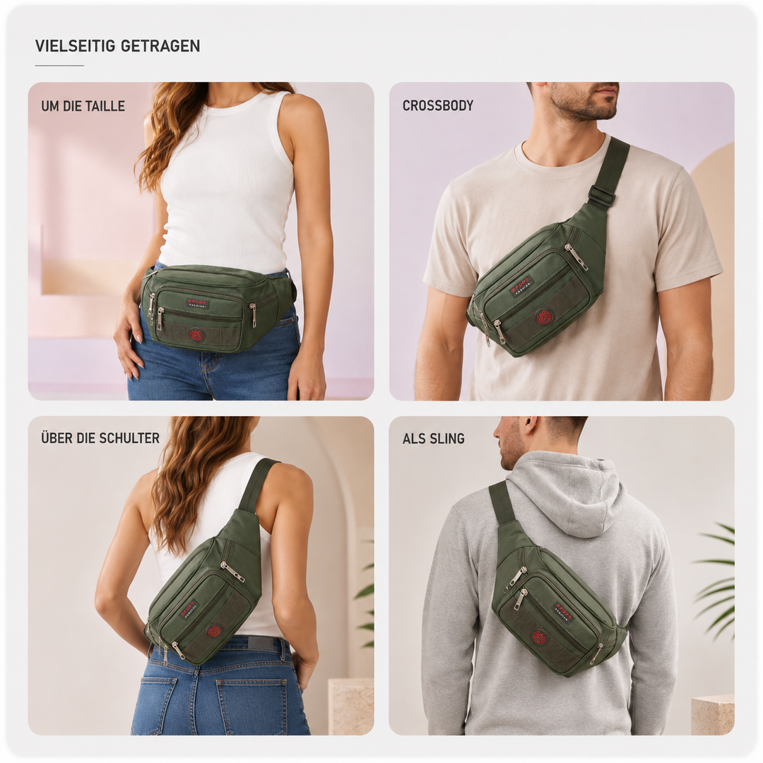 Robuste Nylon-Hüfttasche, wasserabweisend, mit mehreren Fächern, perfekt für organisierte Reisen.