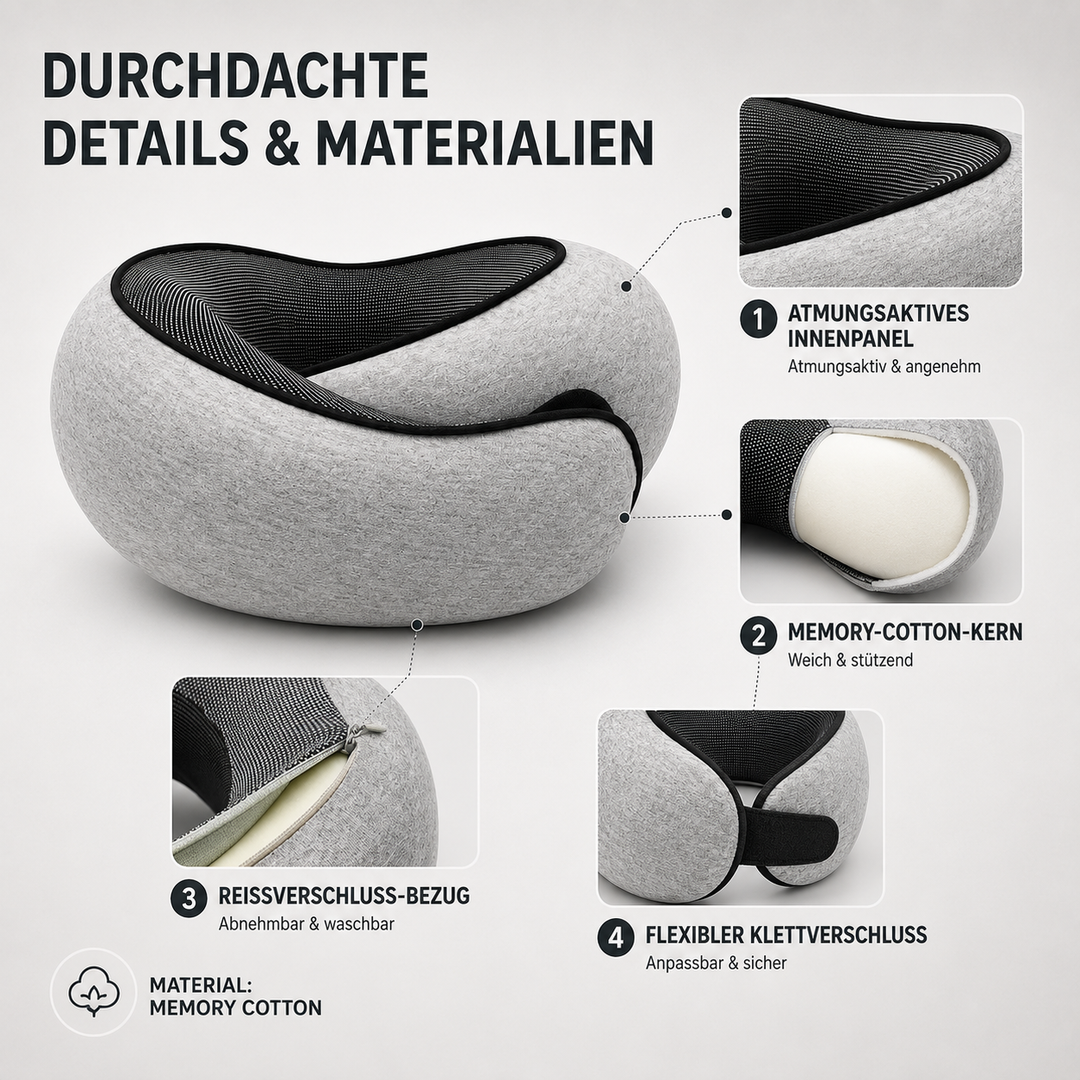 Leichtes und portables Reisekissen aus Memory Foam für erholsamen Schlaf im Flugzeug und Zug.