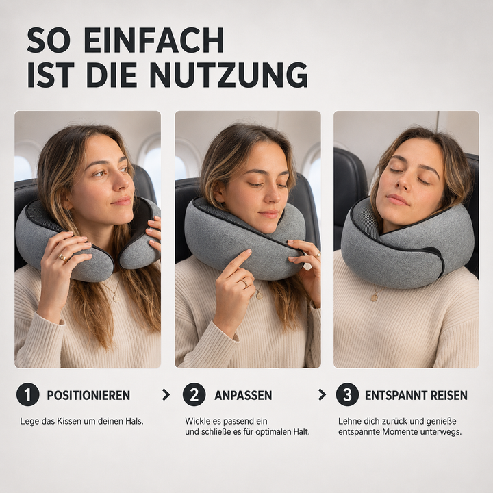 Weiches, ergonomisches Nackenkissen aus Memory Foam für höchsten Reisekomfort auf jeder Fahrt.