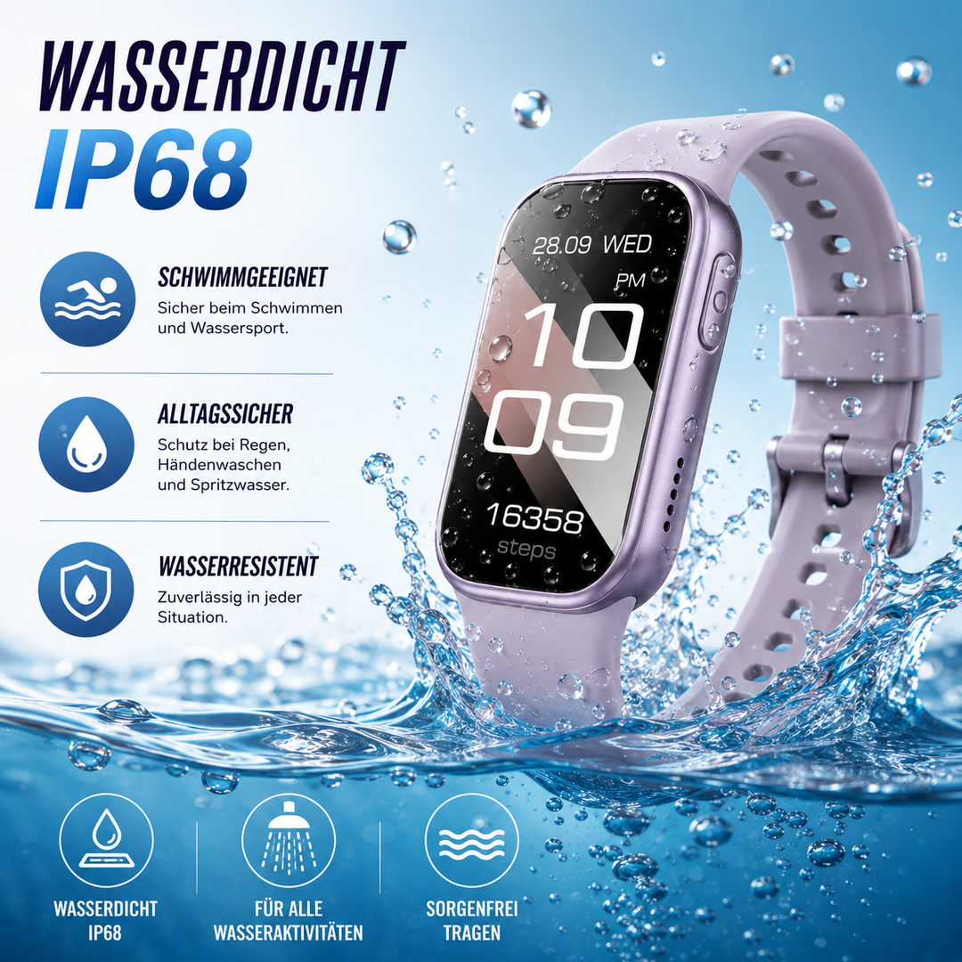 Wasserdichter Fitnesstracker mit langer Akkulaufzeit für umfassendes Gesundheitsmonitoring.