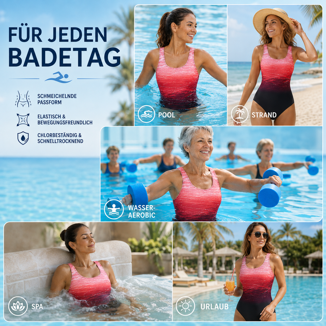 Figurformender Damen Badeanzug, rückenfrei, mit schönem Farbverlauf, sommerlich.